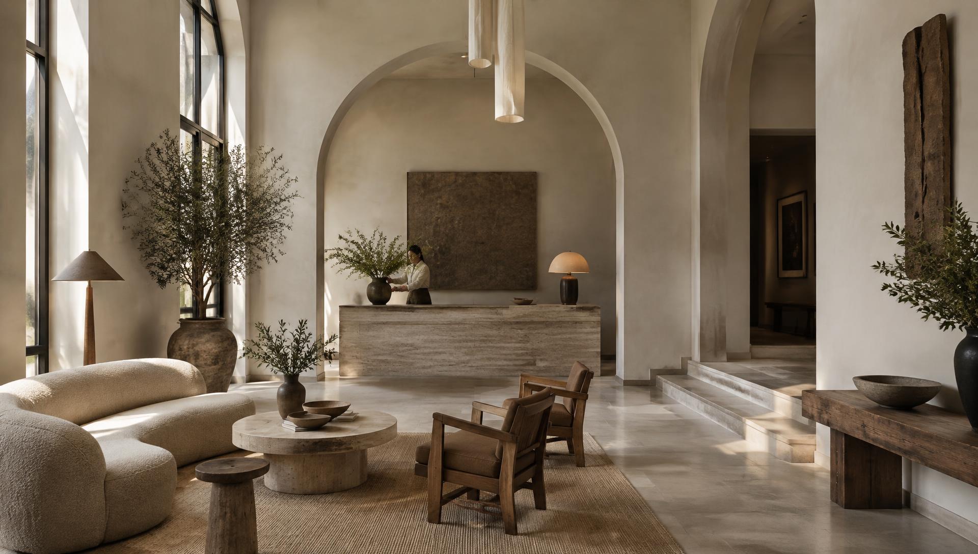 Hall d'hôtel baigné de lumière naturelle, une collaboratrice compose un bouquet à la réception